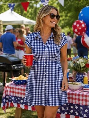 NWT Patriotic Blue & White Gingham Button Down Mini Dress XL Collared Cap Sleeve